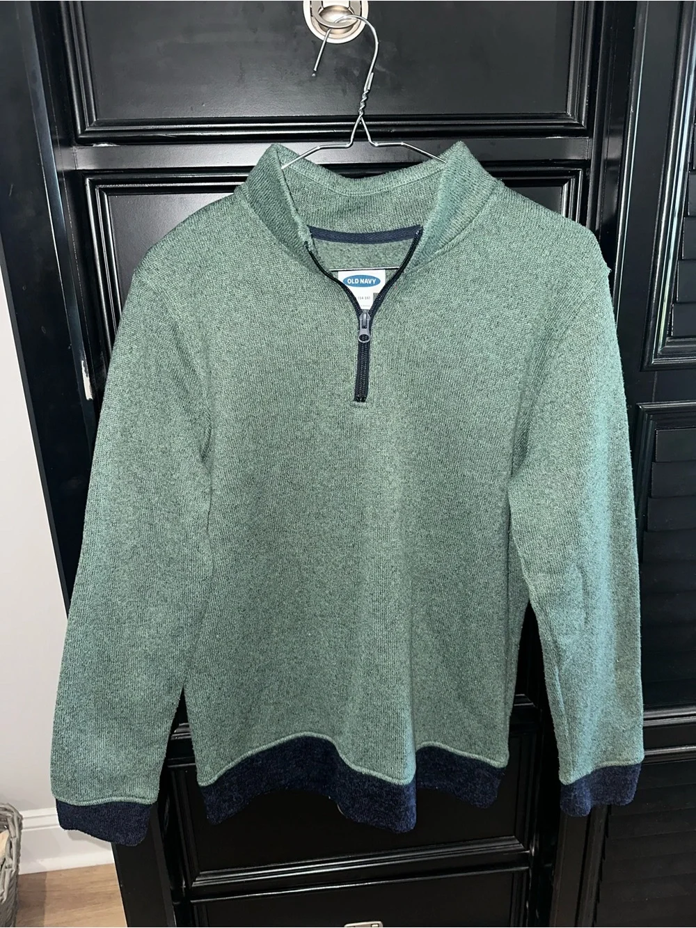Old Navy Men's Heathered Green Half-Zip Sweater with Navy Trim